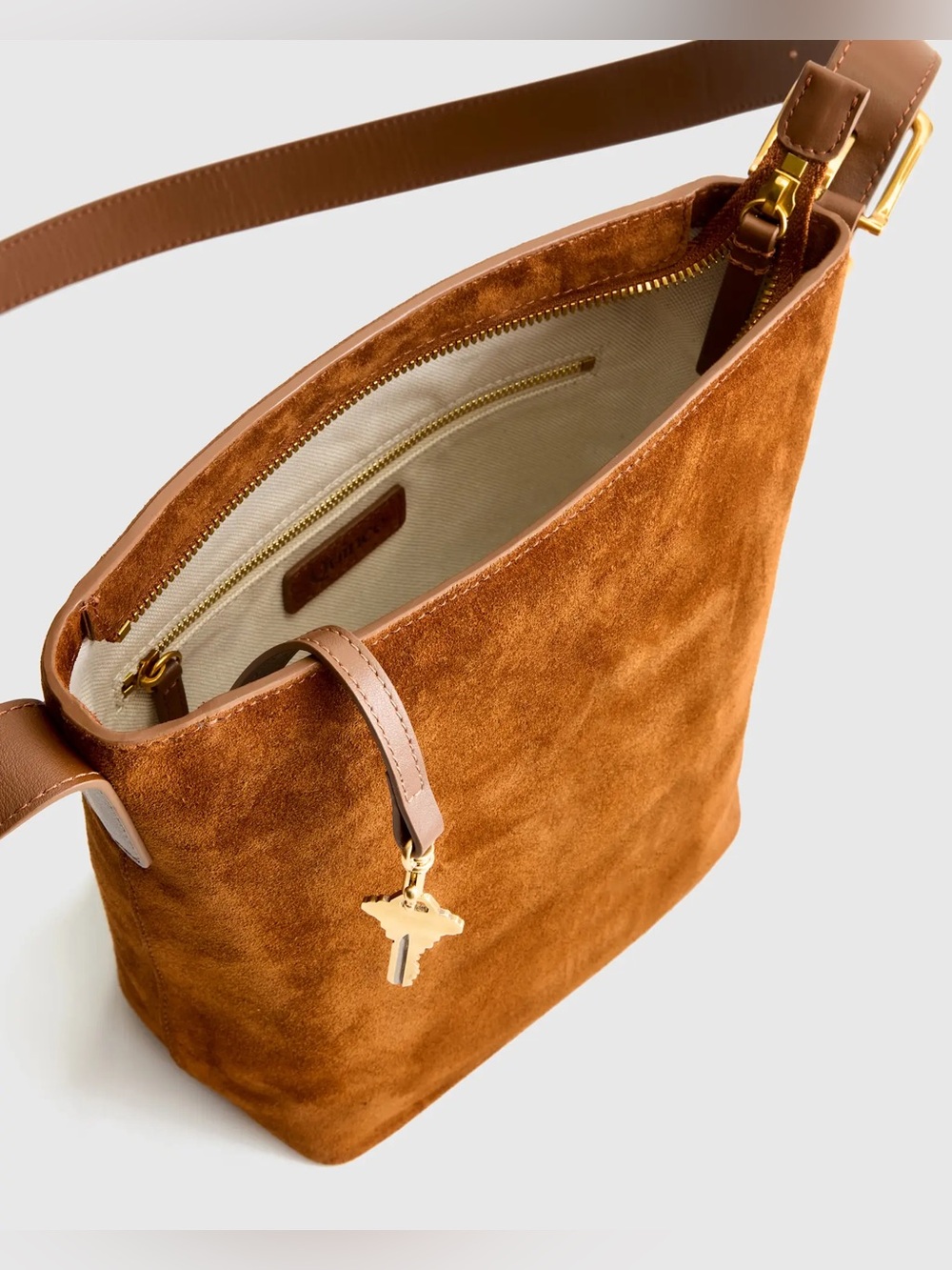 Quince Italian Suede Bucket Crossbody Bag in Color Whiskey - Picture 3 of 16